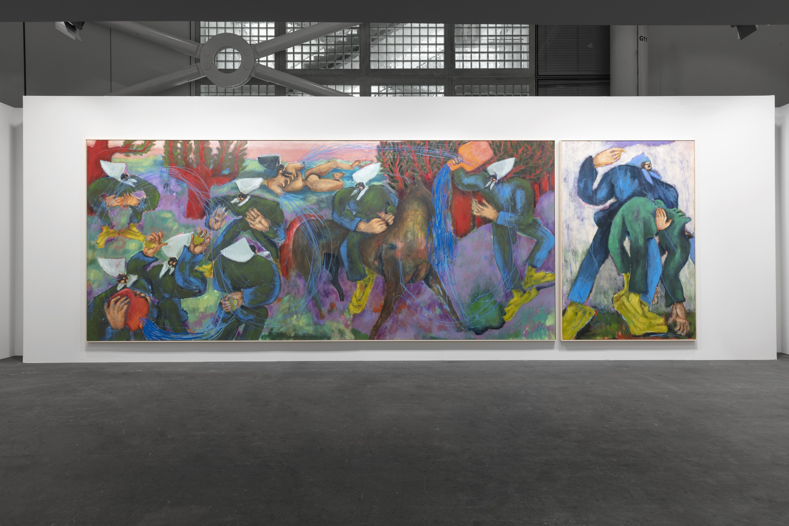 Installation view, Art Basel Unlimited 2023Conny MaierThe Source, 2023Oil, oil stick, pigments on canvasPanel 1: (300 x 700 cm // 118 x 275 1/2 in)Panel 2: (300 x 200 cm // 118 x 78 1/2 in)